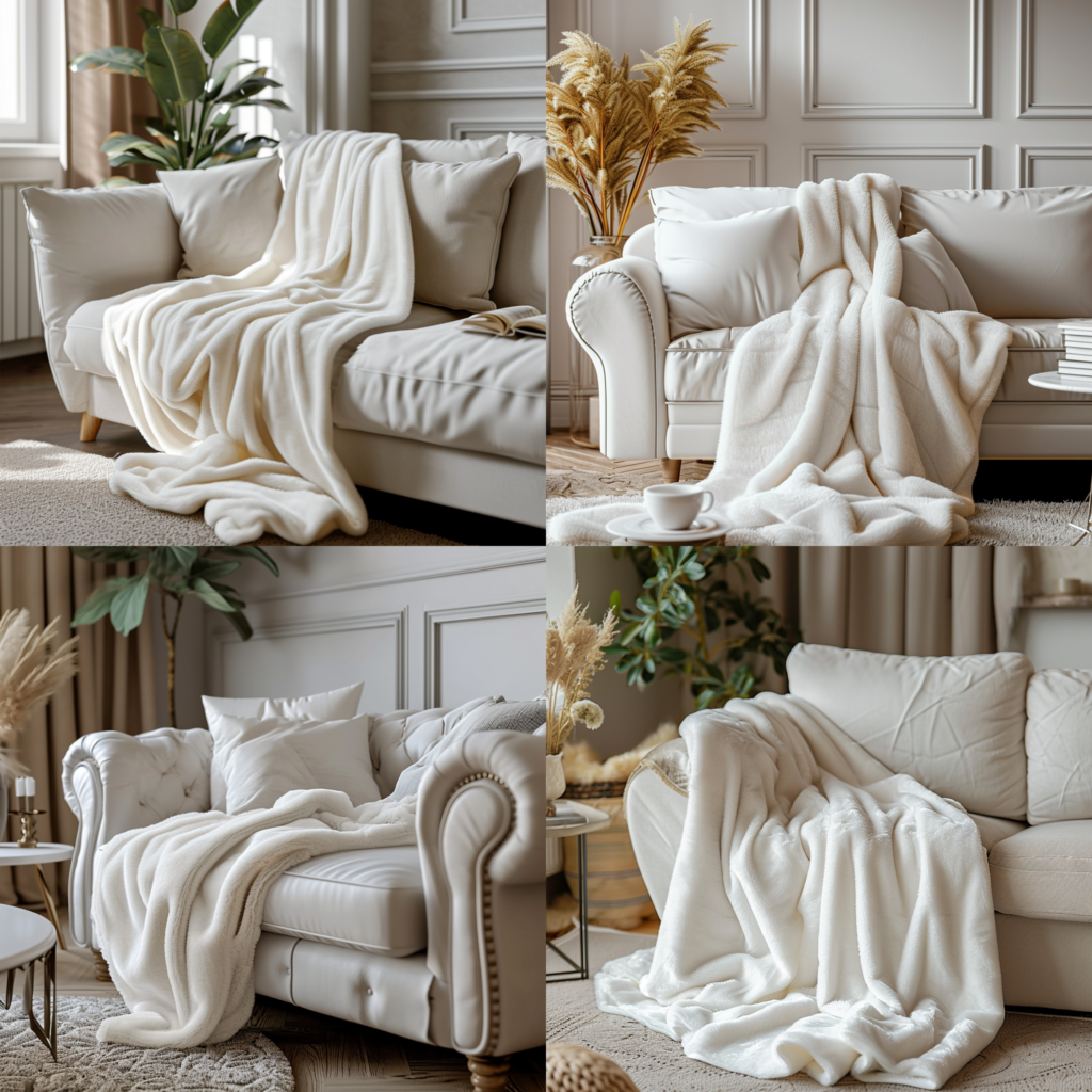 Midjourney V6 - blanket on a white sofa