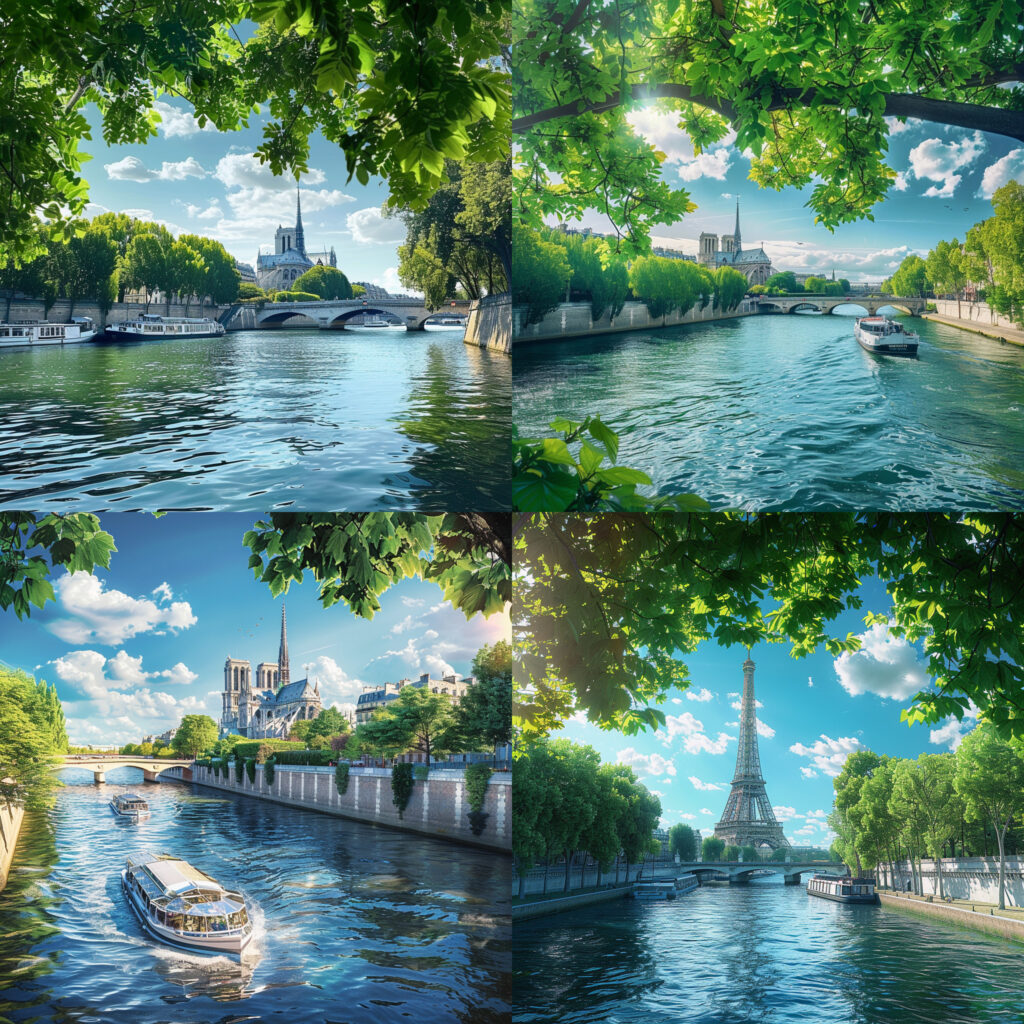 Midjourney V6.0 - Paris from the Seine River with vibrant green trees and crystal-clear water