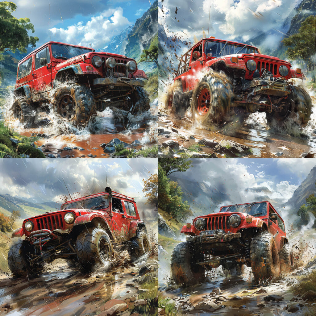 Midjourney V6.0 - a red off-road vehicle driving on a muddy terrain