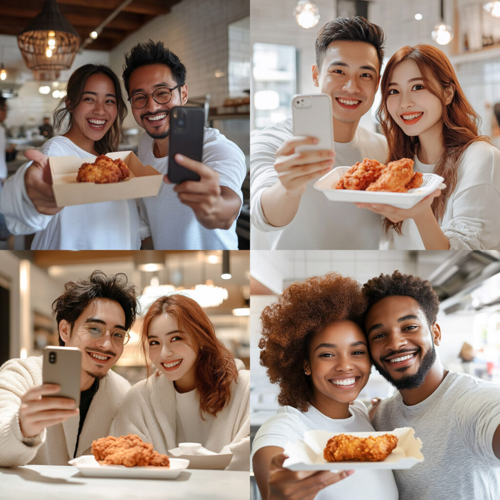 Midjourney - A couple holding a paper tray of a piece of chicken
