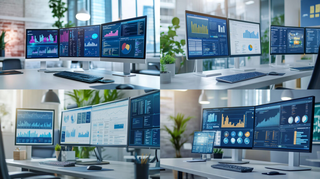 Midjourney - A modern, clean office workspace with multiple computer screens