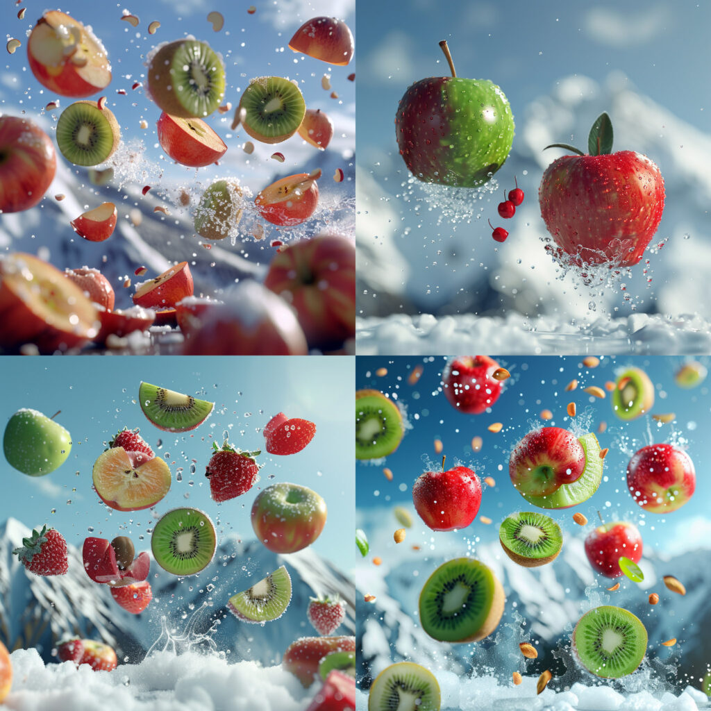 Midjourney - Kiwi fruit and red apple fruit flying in the air