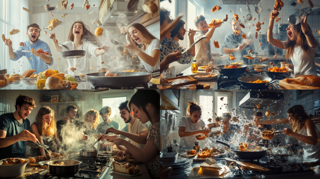 Midjourney - Realistic Picture of college students cooking