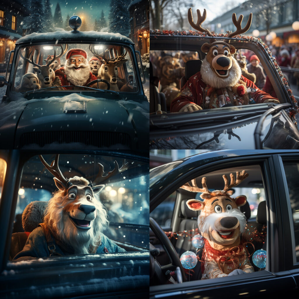Midjourney - Rudolph the reindeer driving a car